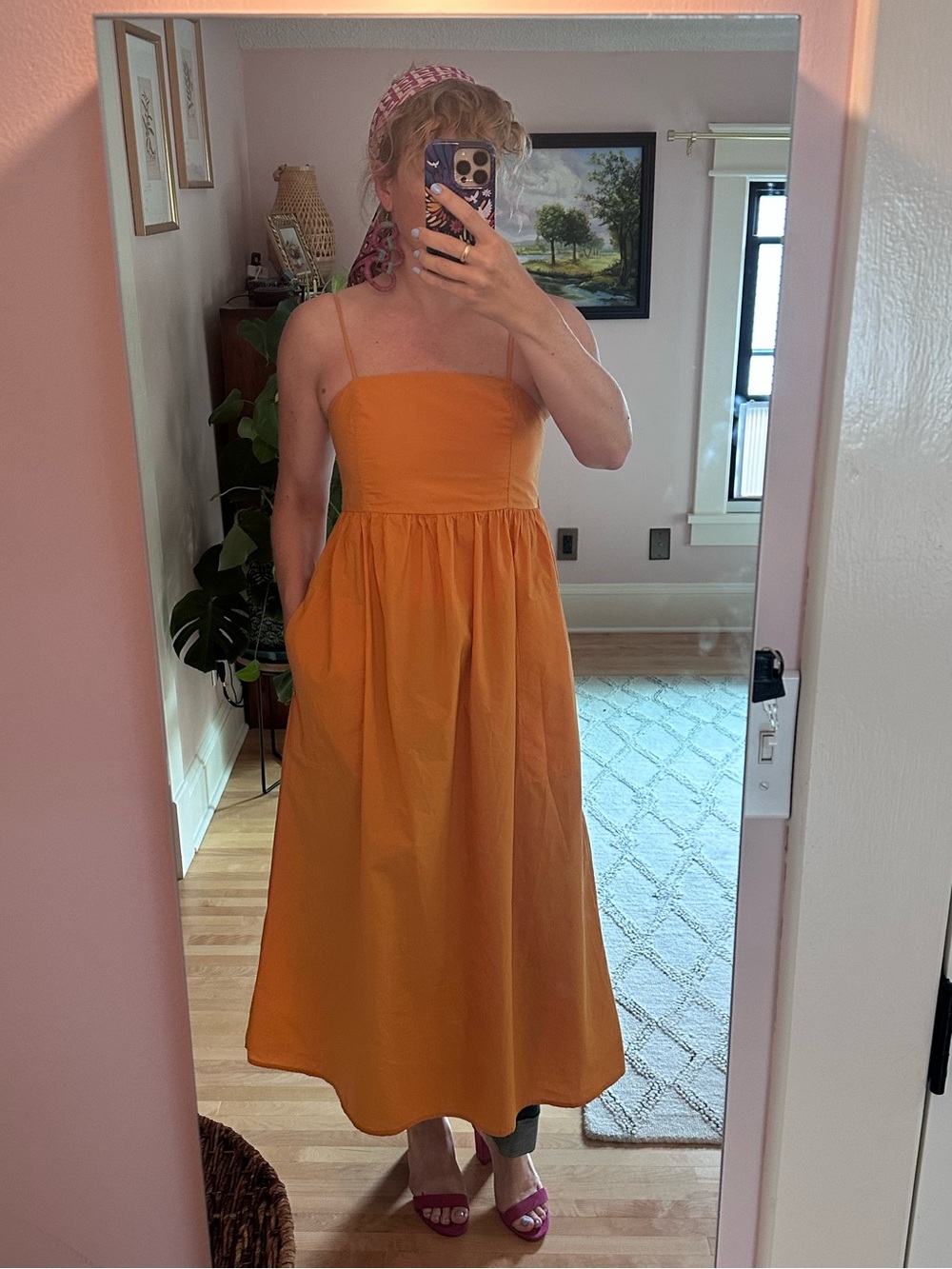 Sunset Orange Strapless Midi Dress with Pockets